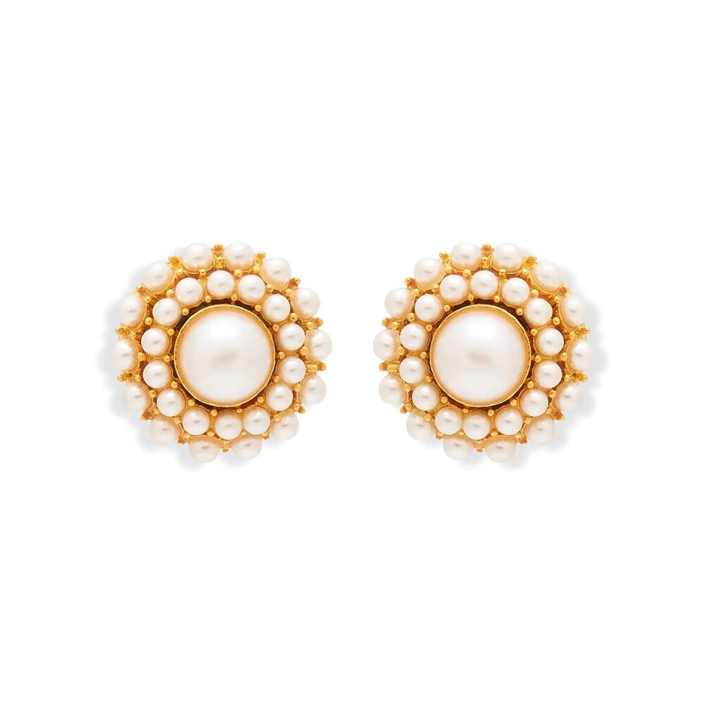 Kenneth Jay Lane, Gold & Pearl Cluster Clip Earring With Round 10mm Pearl Center